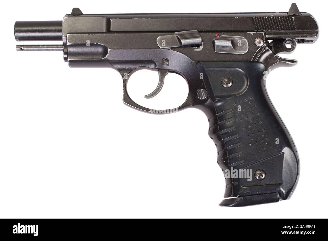 Moderne halbautomatische Pistole isoliert auf weißem Stockfotografie