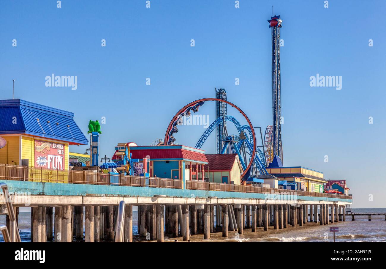 Galveston Seawall Pleasure Pier und städtischen Park auf Seawall Boulevard, Galveston, Texas Stockfoto