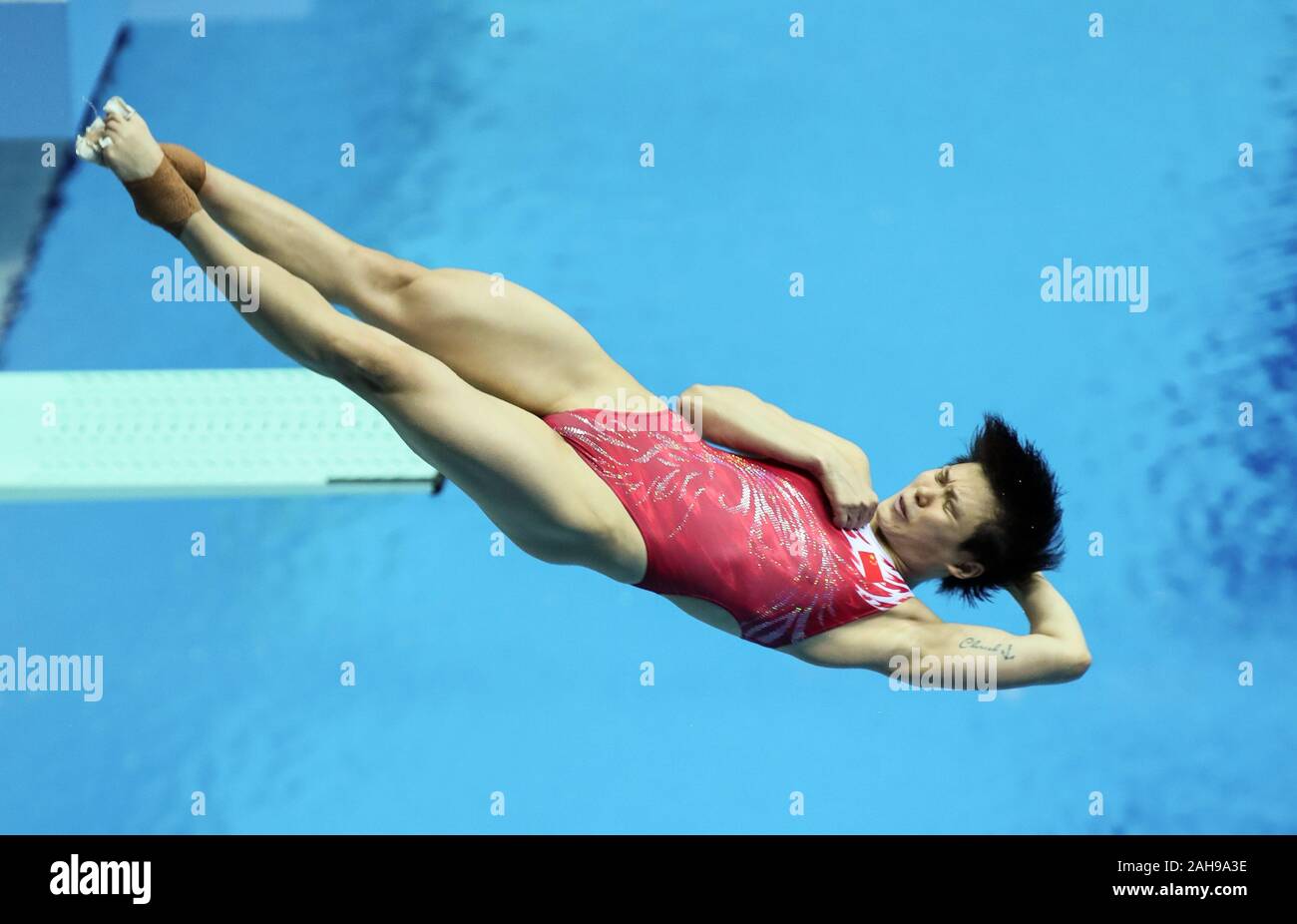 Peking, China. 19 Juli, 2019. Datei Foto am 19. Juli, 2019 zeigt Shi Tingmao China konkurrieren, während die Frauen 3m Sprungbrett endgültig vom Tauchen event bei FINA Weltmeisterschaft in Gwangju, Südkorea. Shi behauptete Doppel Gold bei den Frauen 3m Sprungbrett individuelle und synchronisiert Tauchen an der FINA Schwimmweltmeisterschaften. Es war der 28-jährige Vierte und Chinas 10. gerade Titel in der synchronisiert. Shi hat mindestens eine WM-Goldmedaille seit ihrem Debüt 2011 in den Wettkampf. Credit: Bai Xuefei/Xinhua/Alamy leben Nachrichten Stockfoto