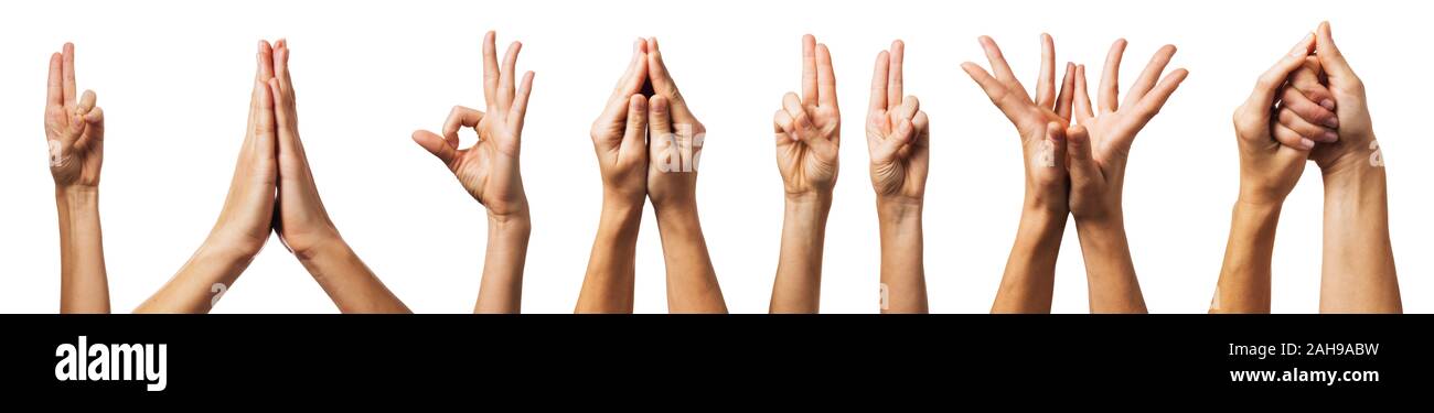 Satz von verschiedenen Yoga Mudra auf weißem Hintergrund Stockfoto