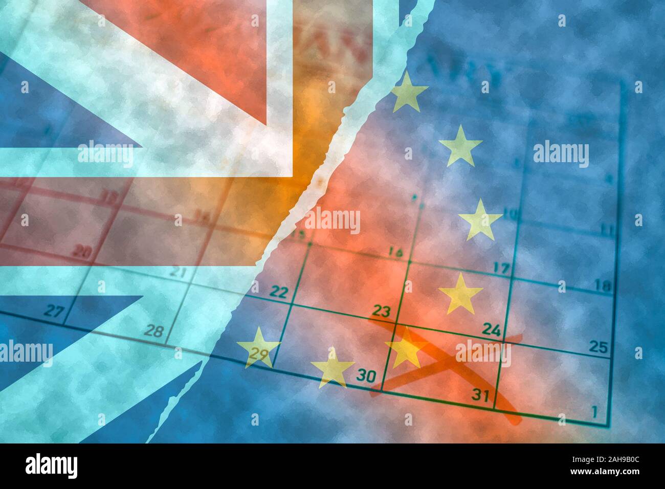 Brexit Konzept mit zerrissenen britischen Union Jack und Europäische Union Flaggen layered über Blatt Monatskalender mit Ausgang Termin Januar 31. Stockfoto