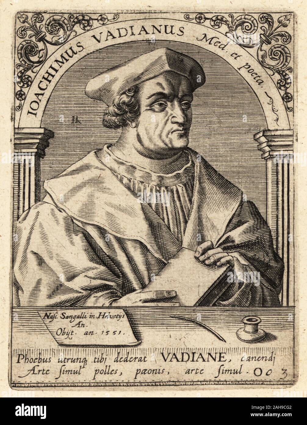 Joachim Vadian oder Joachim von Watt, Schweizer Humanist, Gelehrter, Bürgermeister und Reformer in St.Gallen, 1484-1551. Joachimus Vadianus Medicus et Poeta. Kupferstich von Johann Theodor de Bry von Jean-Jacques Boissard der Bibliotheca Chalcographica, Johann Ammonius, Frankfurt, 1650. Stockfoto