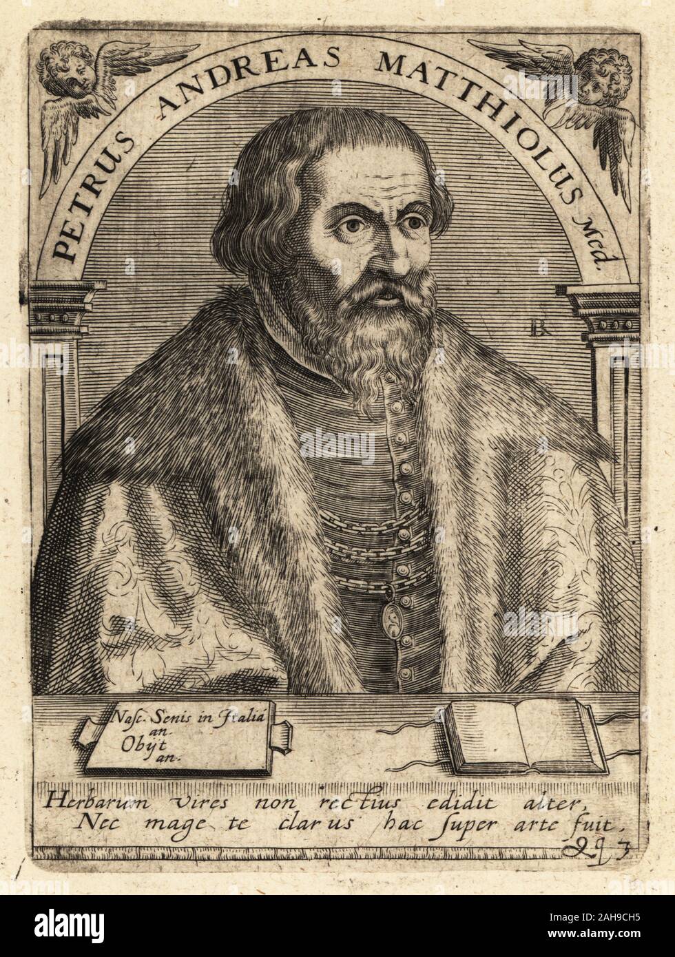 Gregorio Pietro Andrea Mattioli, italienischer Arzt und Naturforscher in Siena, 1501-1577 geboren. Petrus Andreas Matthiolus Medicus. Kupferstich von Johann Theodor de Bry von Jean-Jacques Boissard der Bibliotheca Chalcographica, Johann Ammonius, Frankfurt, 1650. Stockfoto