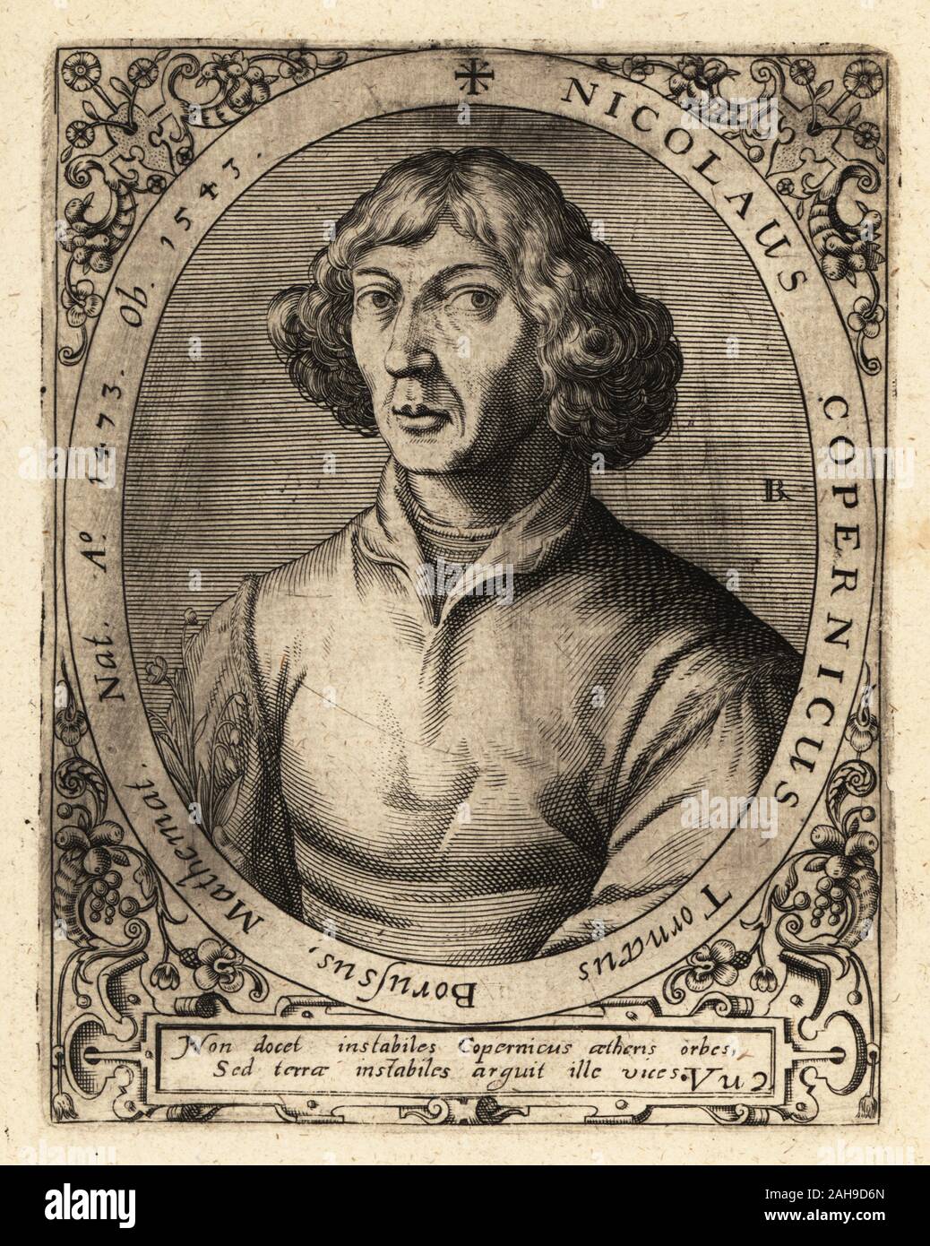 Nicolaus Copernicus, Renaissance - ära Universalgelehrten, die ein Modell des Universums, dass die Sonne und nicht die Erde im Zentrum des Universums, 1473-1547 platziert formuliert. Nicolaus Copernicus Torunaeus Borusus Mathemat. Kupferstich von Johann Theodor de Bry von Jean-Jacques Boissard der Bibliotheca Chalcographica, Johann Ammonius, Frankfurt, 1650. Stockfoto