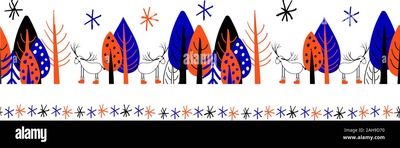 Nahtlose grenzüberschreitende, wiederholend Ribbon. Blau und orange Farben. Cute cartoon Bäume auf einem weißen Hintergrund. Stock Vektor