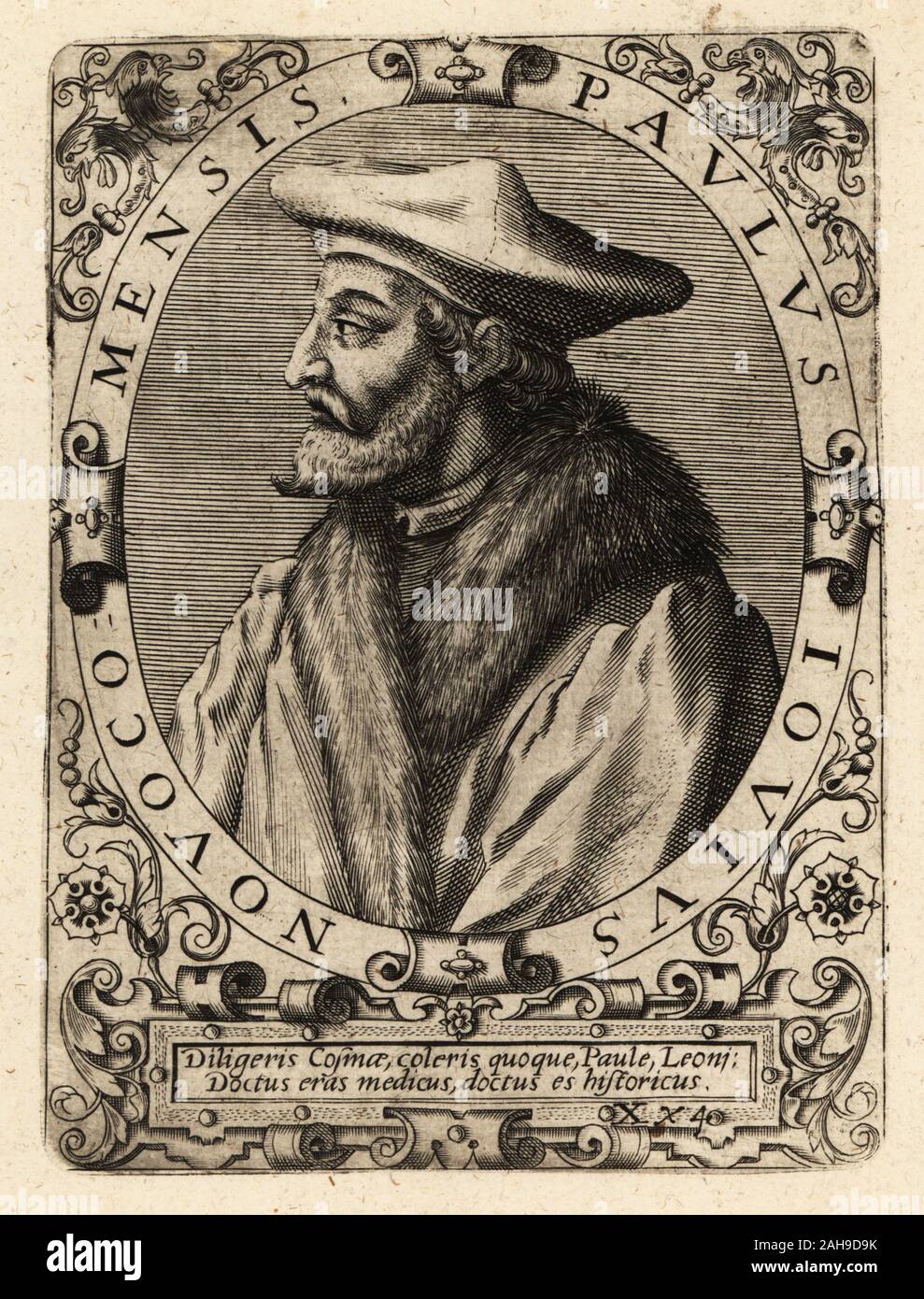 Paolo Giovio, italienischer Arzt, Historiker, Biograf und Prälat 1483-1552. Paulus Iovius Novocomensis. Kupferstich von Johann Theodor de Bry von Jean-Jacques Boissard der Bibliotheca Chalcographica, Johann Ammonius, Frankfurt, 1650. Stockfoto