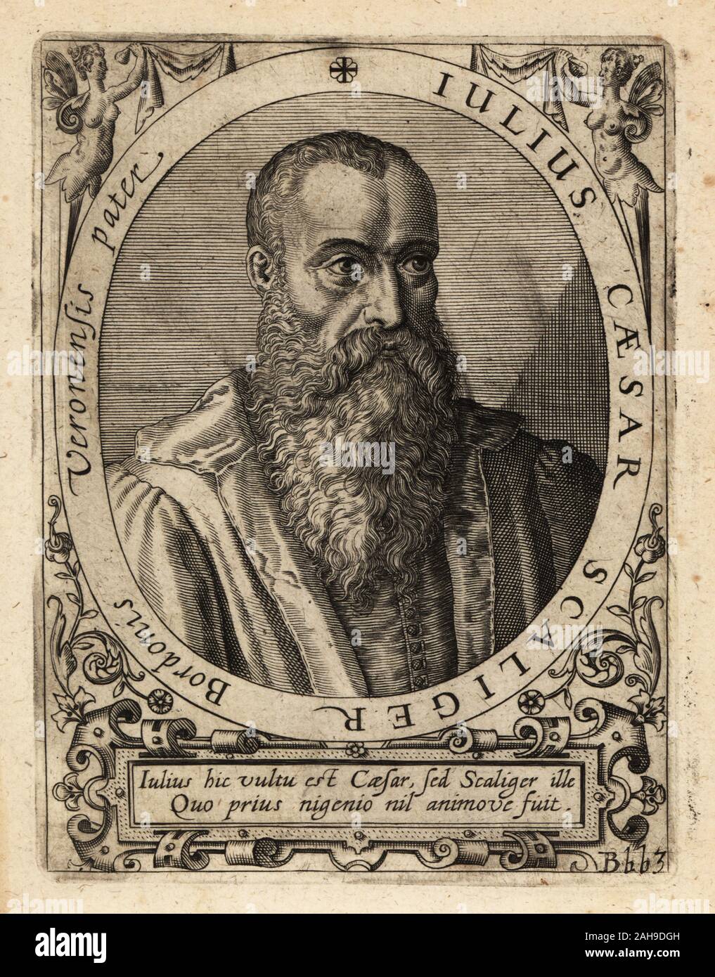 Giulio Cesare della Scala, Italienischer Gelehrter und Arzt, der einen großen Teil seiner Karriere in Frankreich, 1484-1558 verbracht. Julius Caesar Scaliger Bordonis Veronensis Pater. Kupferstich von Johann Theodor de Bry von Jean-Jacques Boissard der Bibliotheca Chalcographica, Johann Ammonius, Frankfurt, 1650. Stockfoto