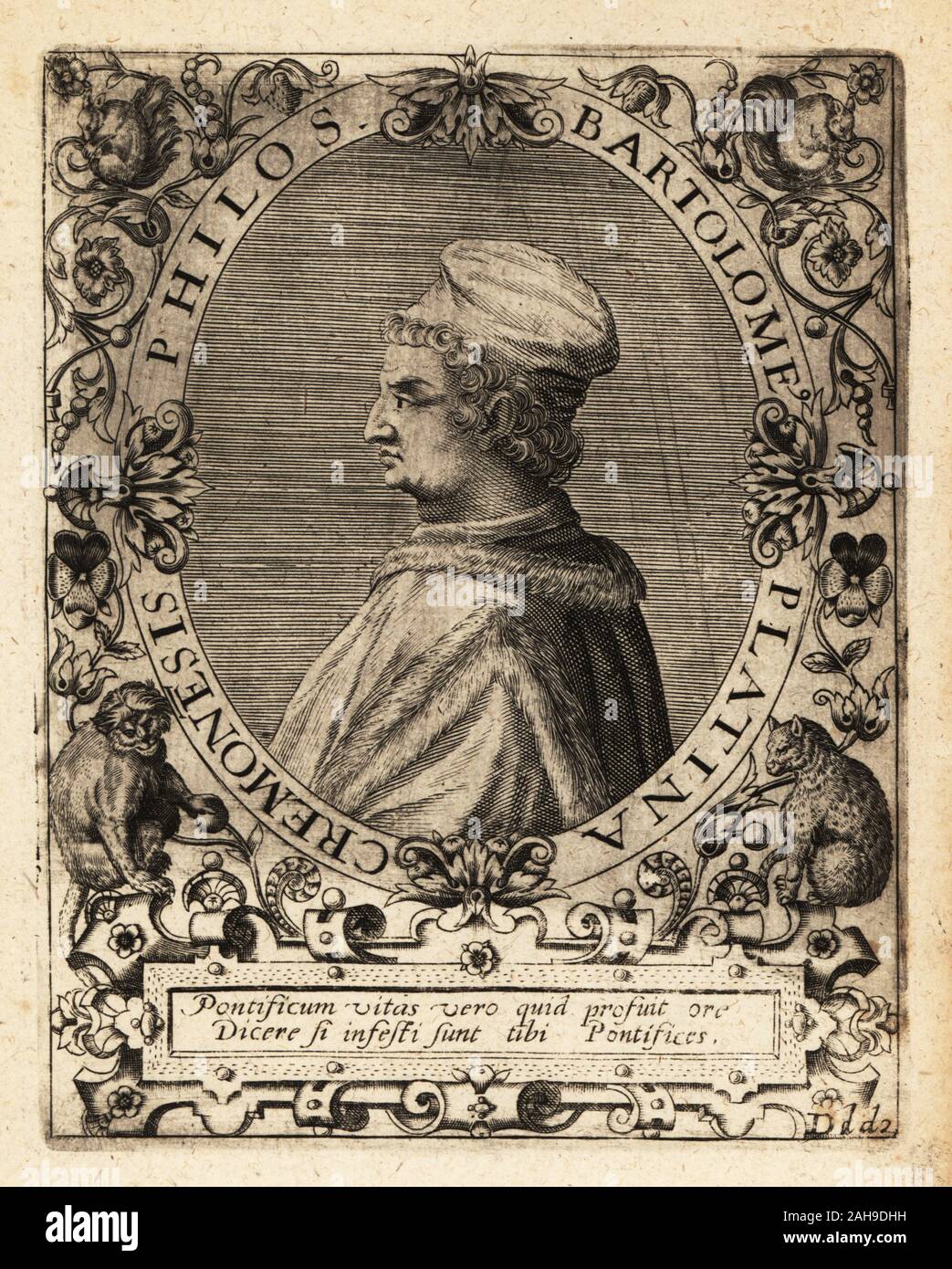 Bartolomeo Sacchi, italienische Renaissance humanistischer Schriftsteller und gastronomist 1421-1481. Bartolome Platina, Cremonesis Philosophus. Kupferstich von Johann Theodor de Bry von Jean-Jacques Boissard der Bibliotheca Chalcographica, Johann Ammonius, Frankfurt, 1650. Stockfoto