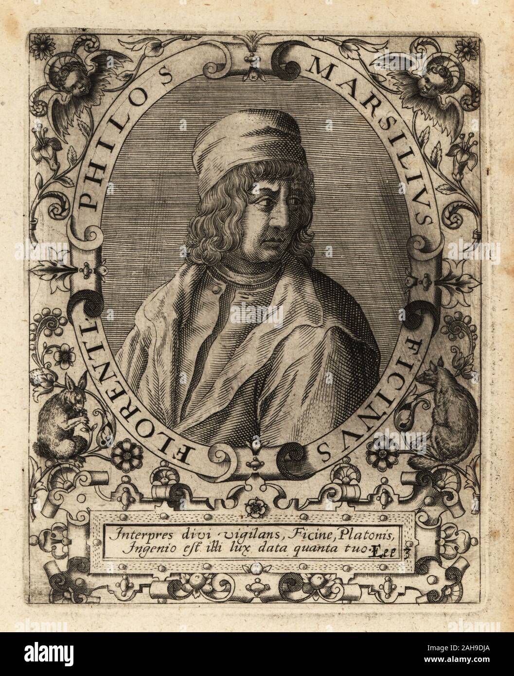 Marsilio Ficino, Italienischer Gelehrter, katholischer Priester und humanistische Philosoph, 1433-1499. Marsilius Ficinus Florenti Philos. Kupferstich von Johann Theodor de Bry von Jean-Jacques Boissard der Bibliotheca Chalcographica, Johann Ammonius, Frankfurt, 1650. Stockfoto