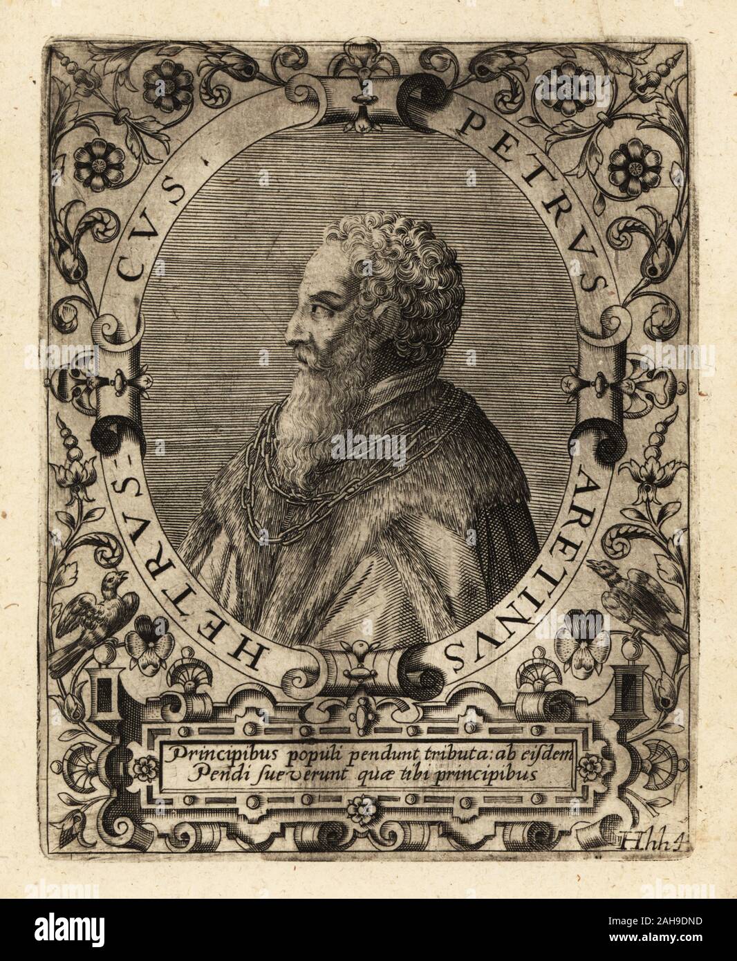 Pietro Aretino, italienischer Autor, Dramatiker, Lyriker, Satiriker und Erpresser, 1492-1556. Petrus Aretinus Hetruscus. Kupferstich von Johann Theodor de Bry von Jean-Jacques Boissard der Bibliotheca Chalcographica, Johann Ammonius, Frankfurt, 1650. Stockfoto