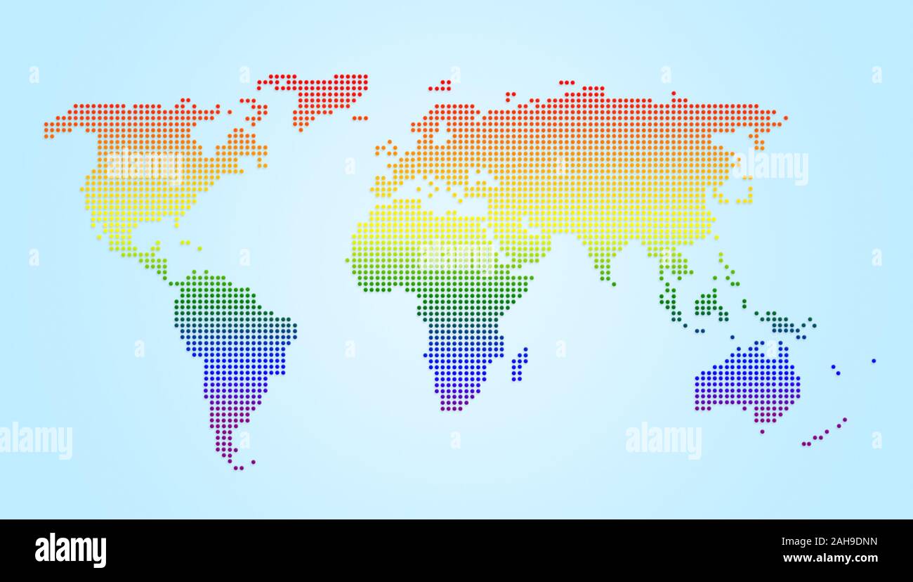 Gepunktete Weltkarte mit glatten Farbverlauf auf hellblauem Hintergrund. Farben der LGBT-Bewegung Regenbogen Flagge. Hohe Auflösung Konzept Abbildung. Stockfoto