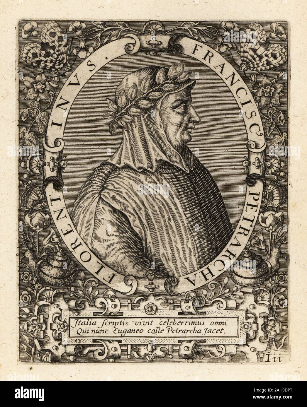 Francesco Petrarca oder Petrarca, Italienischer Gelehrter, Humanist und Dichter, 1304-1374. Franciscus Petrarcha Florentinus. Kupferstich von Johann Theodor de Bry von Jean-Jacques Boissard der Bibliotheca Chalcographica, Johann Ammonius, Frankfurt, 1650. Stockfoto