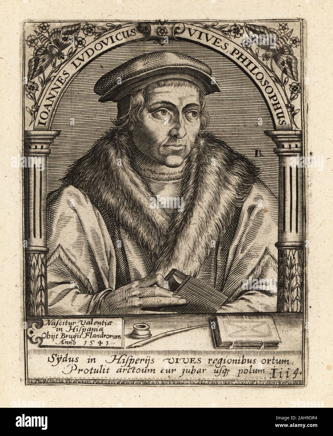 Juan Luis Vives, Spanischer Humanist und pädagogische Theoretiker, 1493-1540. Joannes Ludocivus Vives Philosophus. Kupferstich von Johann Theodor de Bry von Jean-Jacques Boissard der Bibliotheca Chalcographica, Johann Ammonius, Frankfurt, 1650. Stockfoto