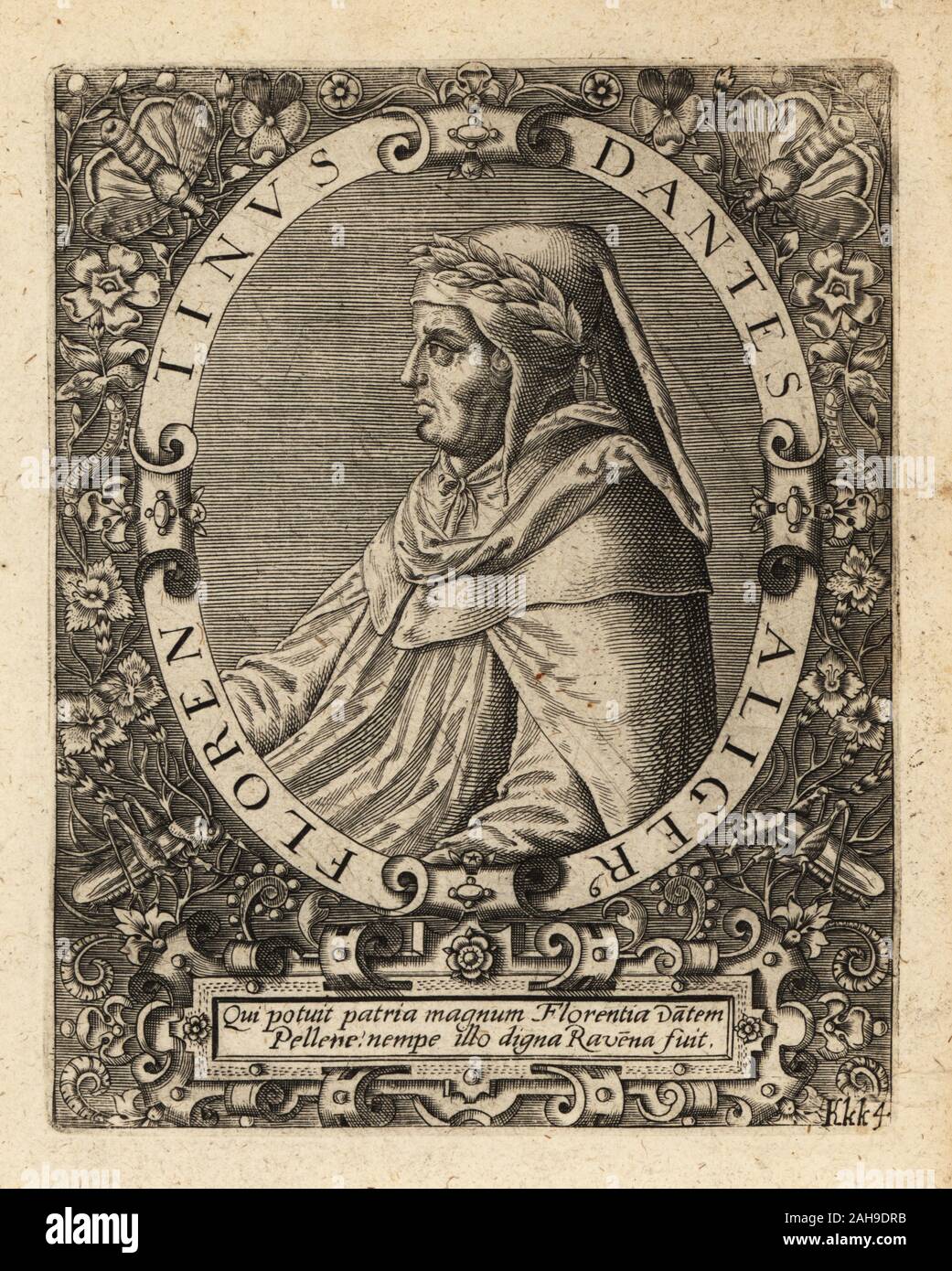 Durante di Alighiero degli Alighieri, Pen name Dante Alighieri, italienischer Dichter, c 1265-1321. Dantes Aligerus Florentinus. Kupferstich von Johann Theodor de Bry von Jean-Jacques Boissard der Bibliotheca Chalcographica, Johann Ammonius, Frankfurt, 1650. Stockfoto