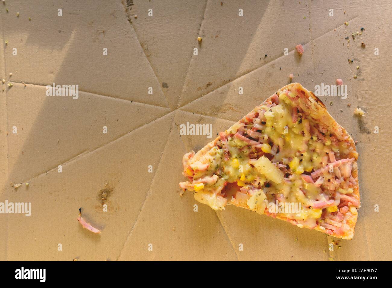 Direkt über dem Schoß der köstlichen Pizza Hawaii Stockfoto