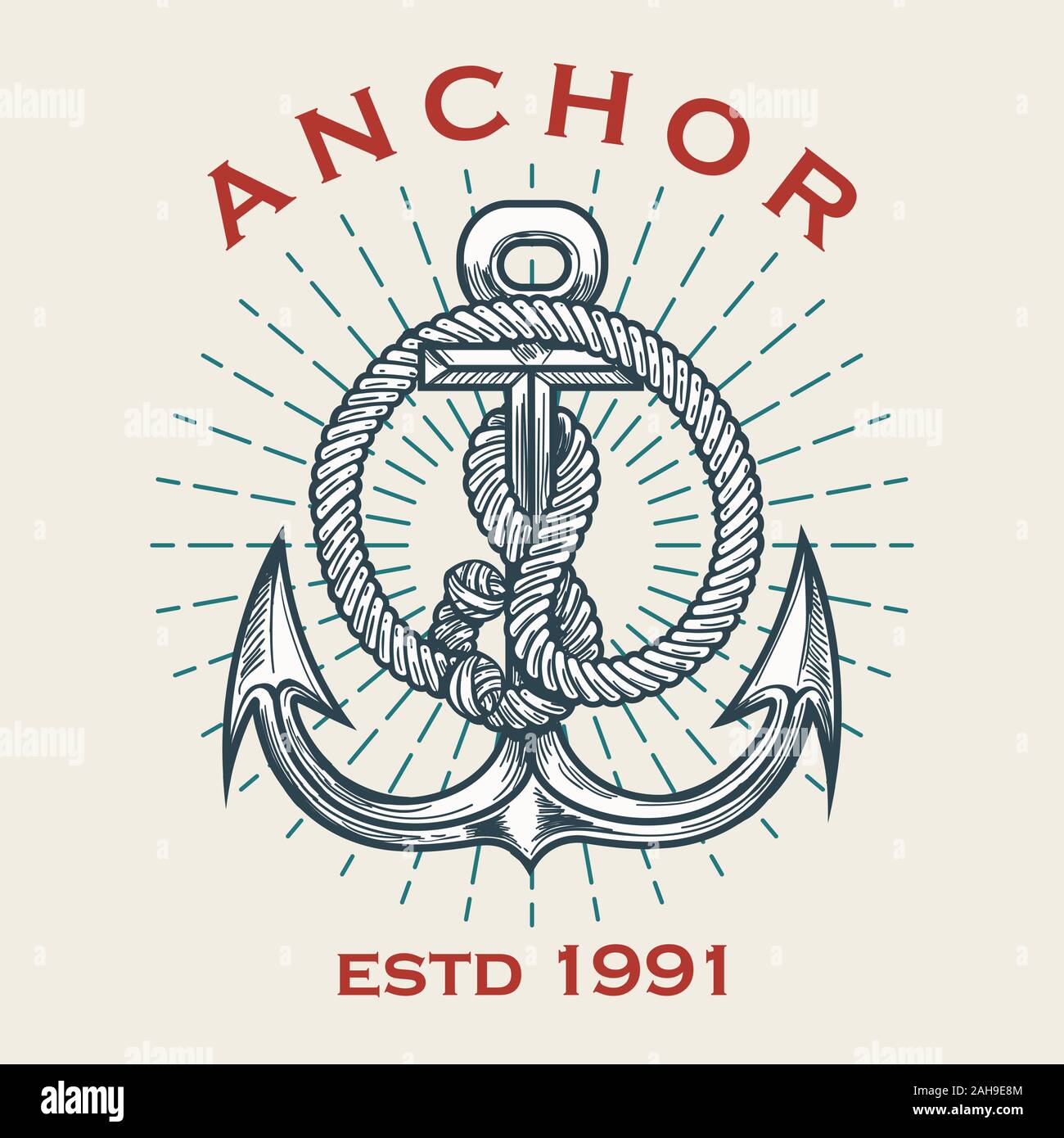 Retro nautische Wappen in Seilen und Sonnenstrahlen verankern. Vector Illustration. Stock Vektor