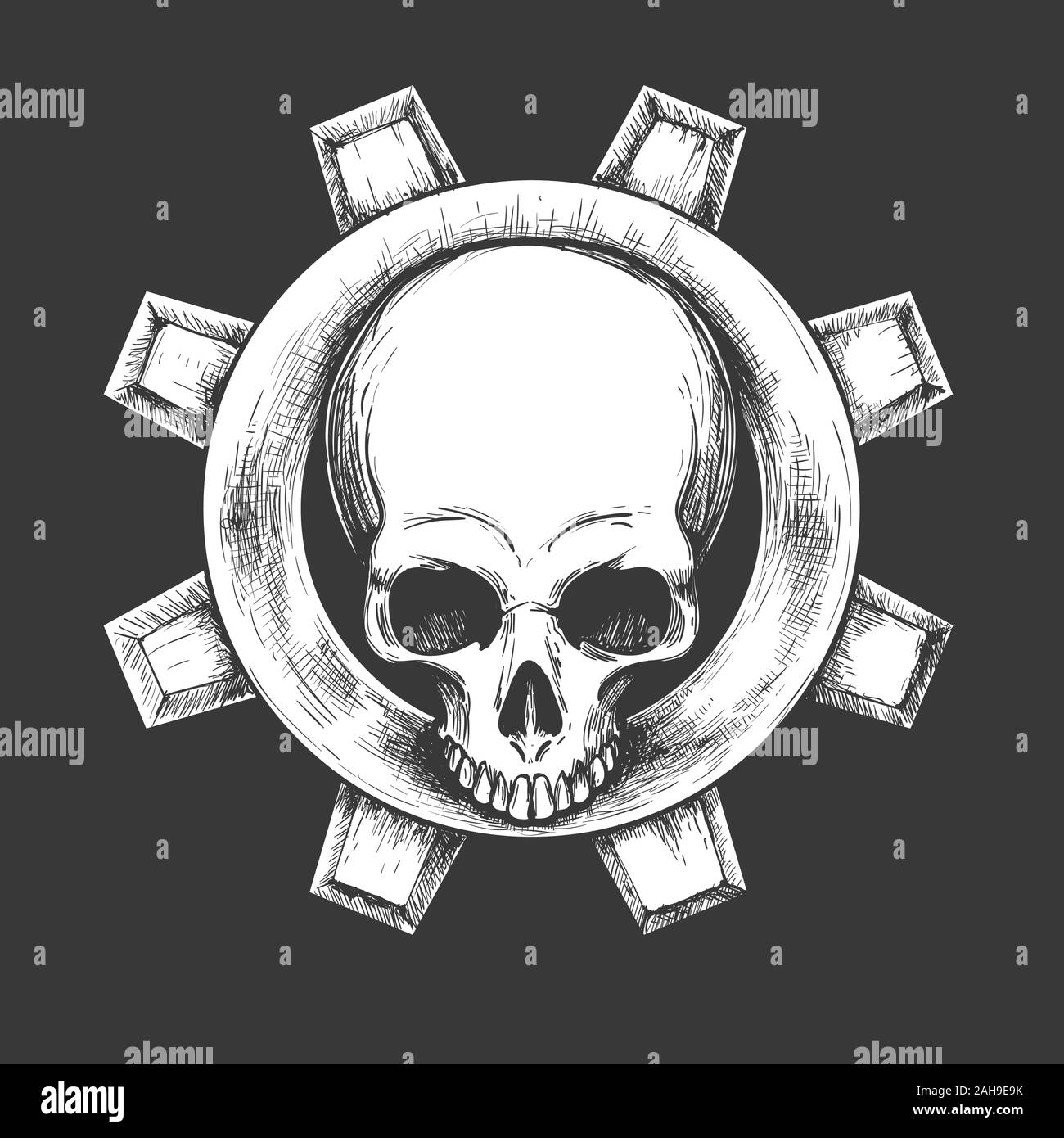 Menschlicher Schädel mit mechanischer Gang Emblem auf schwarzen Hintergrund. Vector Illustration Stock Vektor