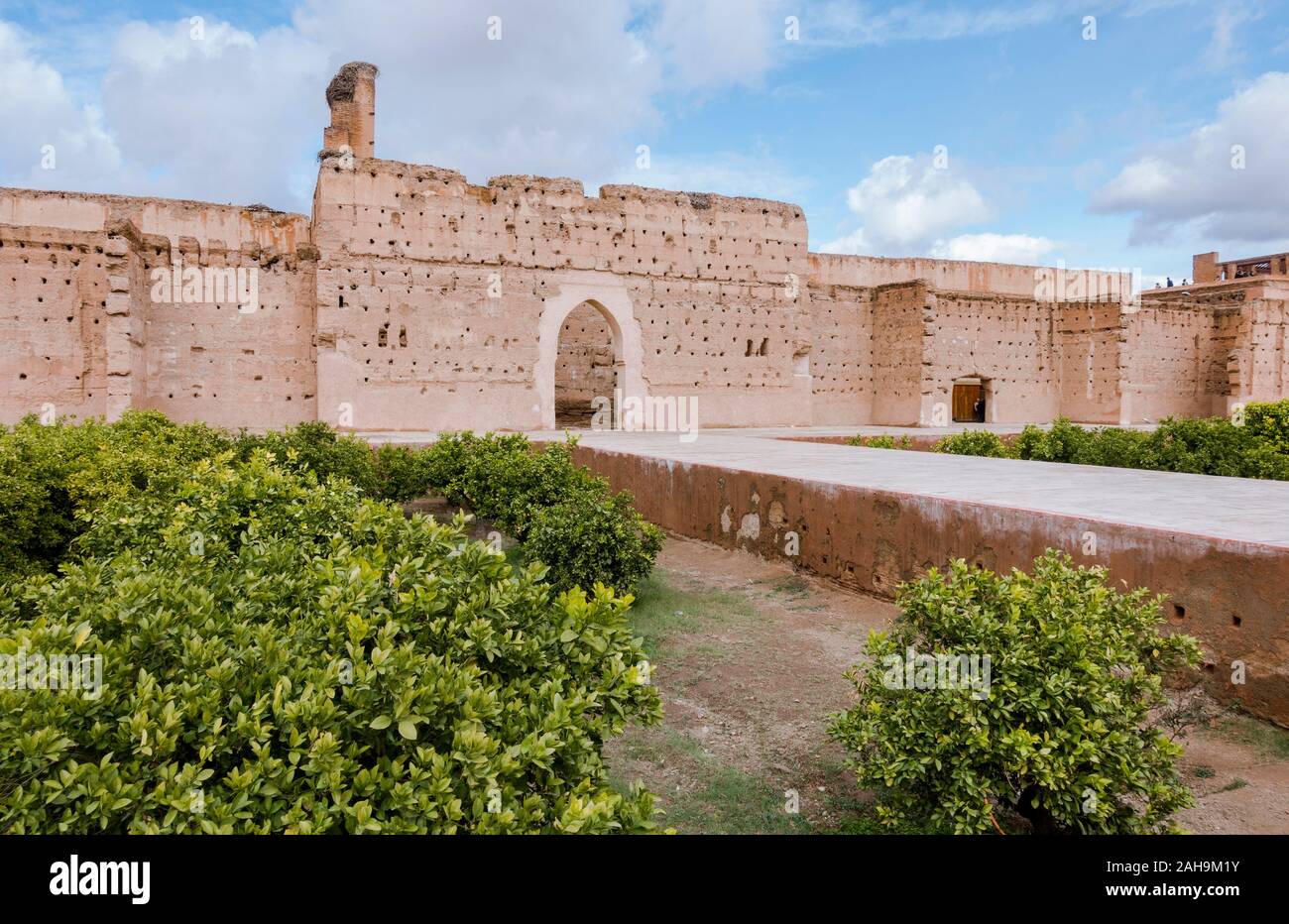 Hof, wenn El Badi Palast aus Saadian Dynastie, 16. Jahrhundert, Ruinen, Marrakech, Marokko, Nordafrika. Stockfoto