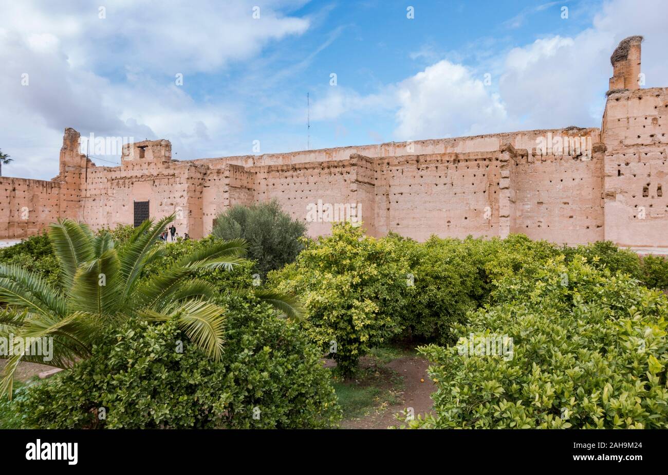 Hof, wenn El Badi Palast aus Saadian Dynastie, 16. Jahrhundert, Ruinen, Marrakech, Marokko, Nordafrika. Stockfoto