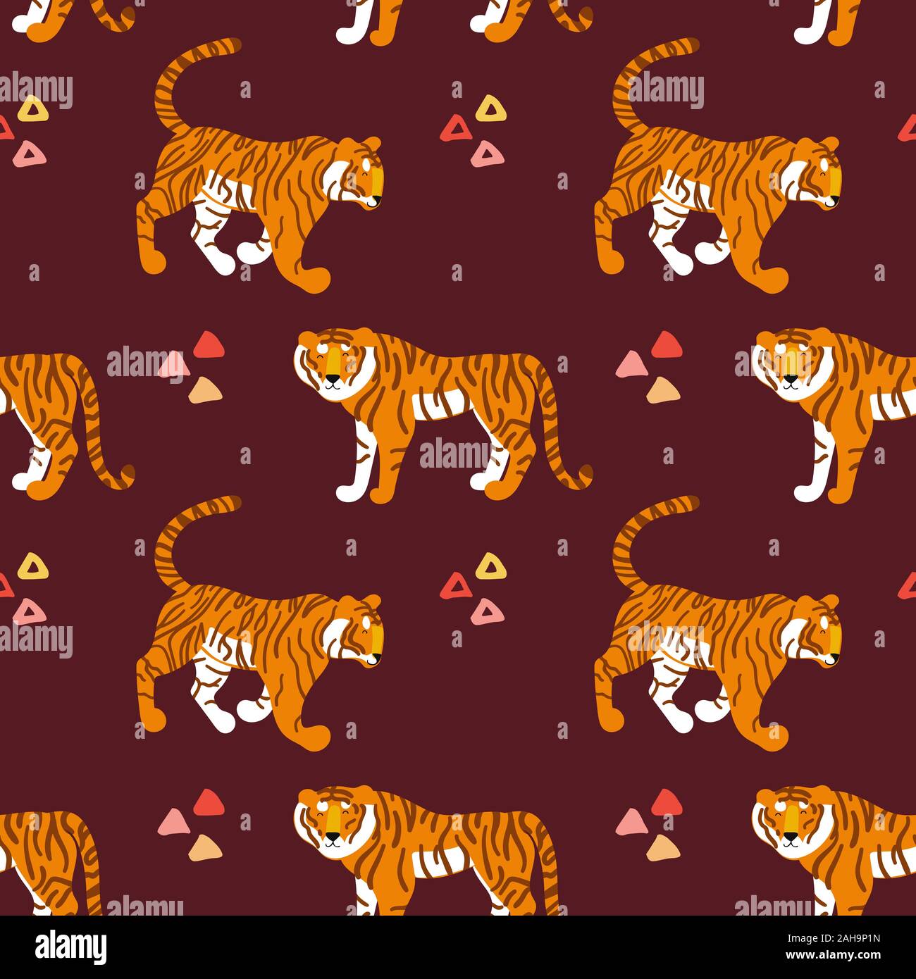 Tiger. Vektor Hand gezeichnet nahtlose Muster. Ornament mit Raubtieren. Wilde Katzen Hintergrund. Stock Vektor