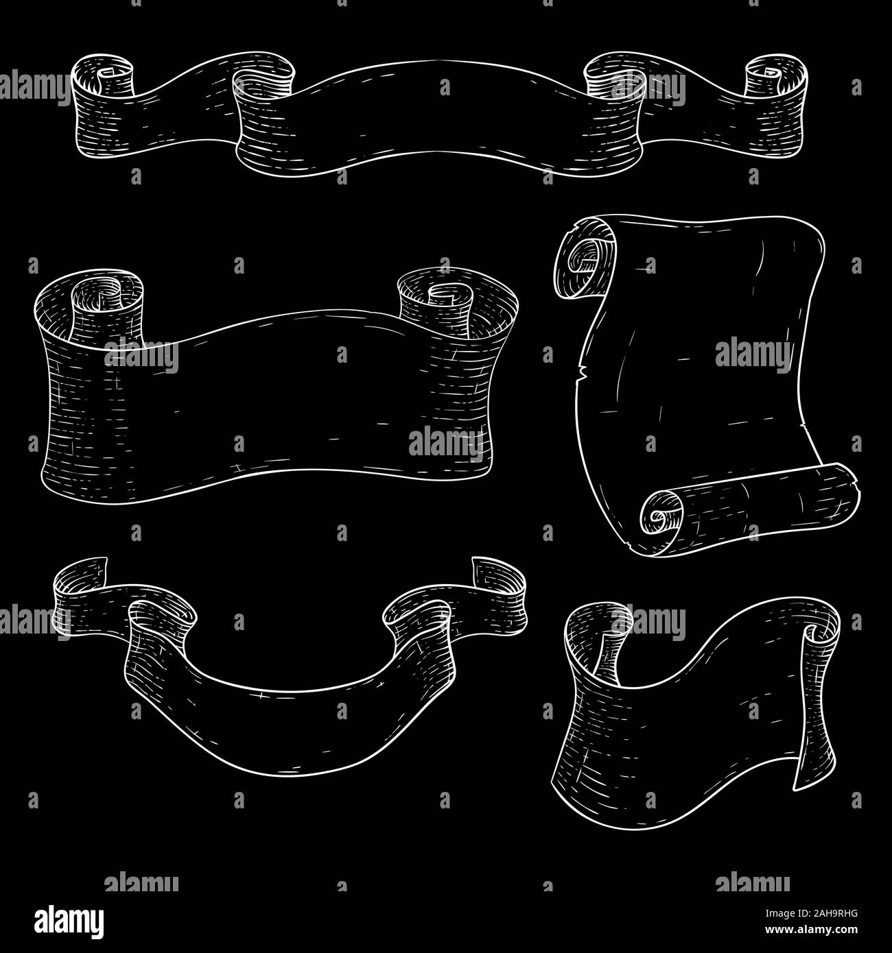 Pergament Schriftrollen und Ribbon Banner. Hand Skizze gezeichnet Stock Vektor