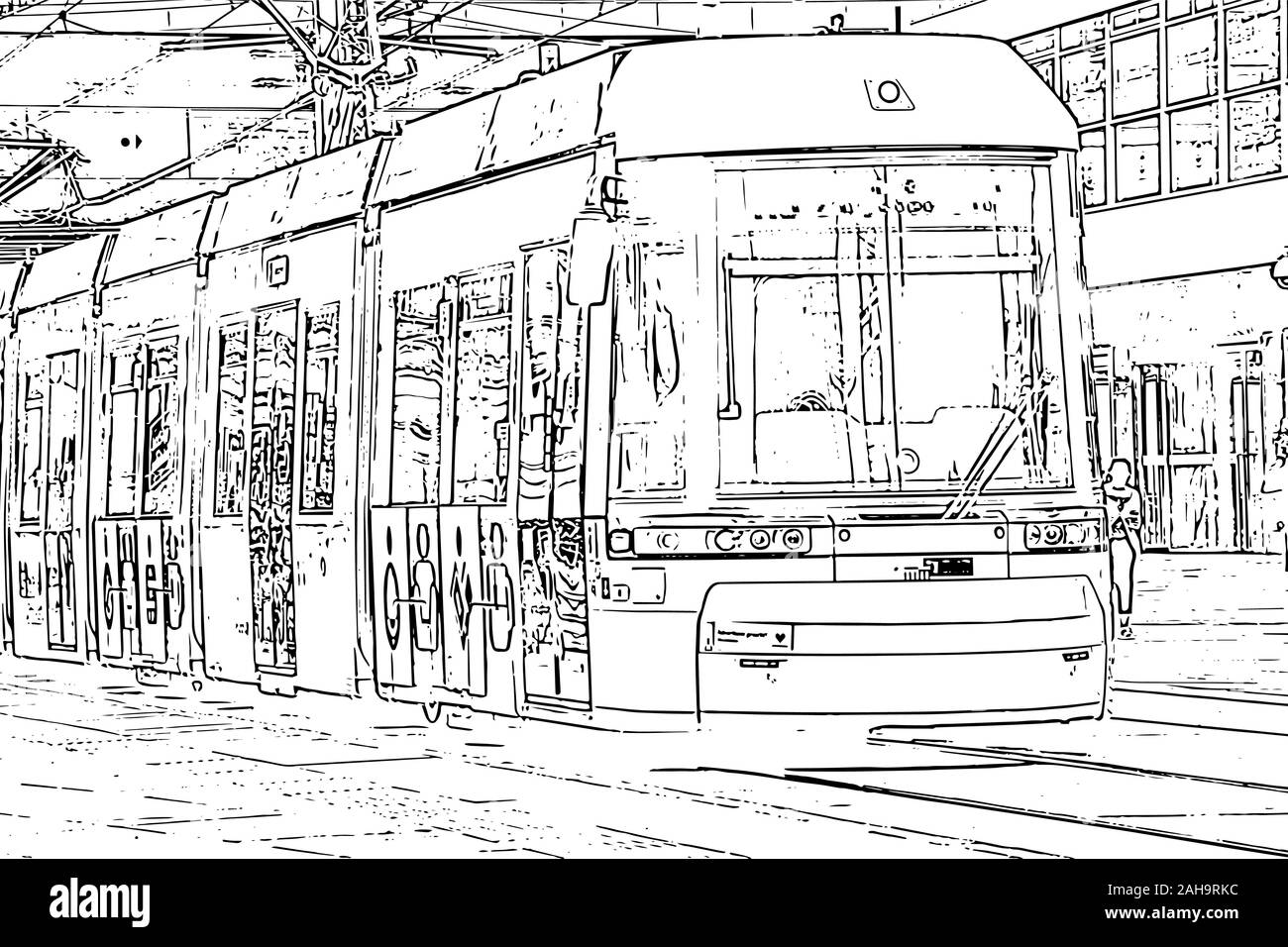 Blick auf die Stadt. Das städtische Leben mit der Straßenbahn. Hand Skizze gezeichnet Stock Vektor