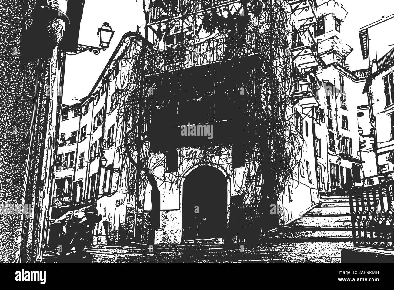 Europäische Stadt. Die engen Gassen der Altstadt. Jahrgang hand gezeichnete Skizze Stock Vektor
