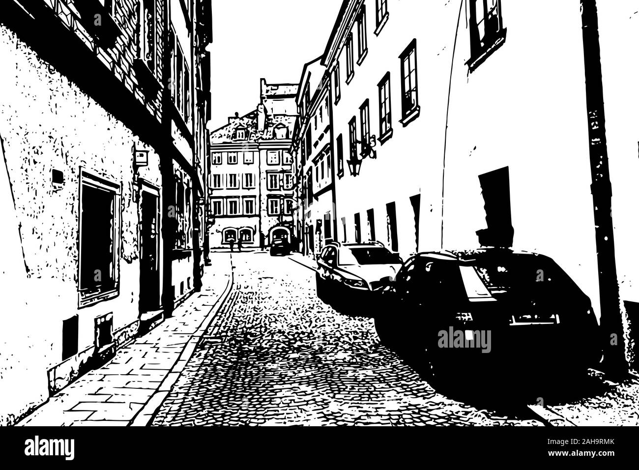 Europäische Stadt. Altstadt gasse mit parkenden Autos. Jahrgang hand gezeichnete Skizze Stock Vektor