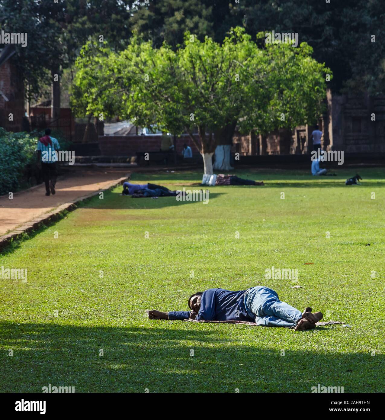 Bhubaneshwar, Orissa, Indien - Februar 2018: Ein Mann schläft im Sonnenlicht auf dem grünen Gras eines öffentlichen Gartens. Stockfoto Bhubaneshwar, Orissa, Indien - Februar 2018: Ein Mann schläft im Sonnenlicht auf dem grünen Gras eines öffentlichen Gartens. Stockfoto