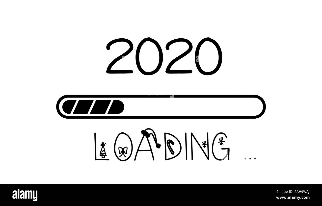 Frohes neues Jahr 2020 mit Laden von Symbol. Fortschrittsbalken fast Silvester. Abbildung mit 2020 Laden das neue Jahr Text. Stockfoto