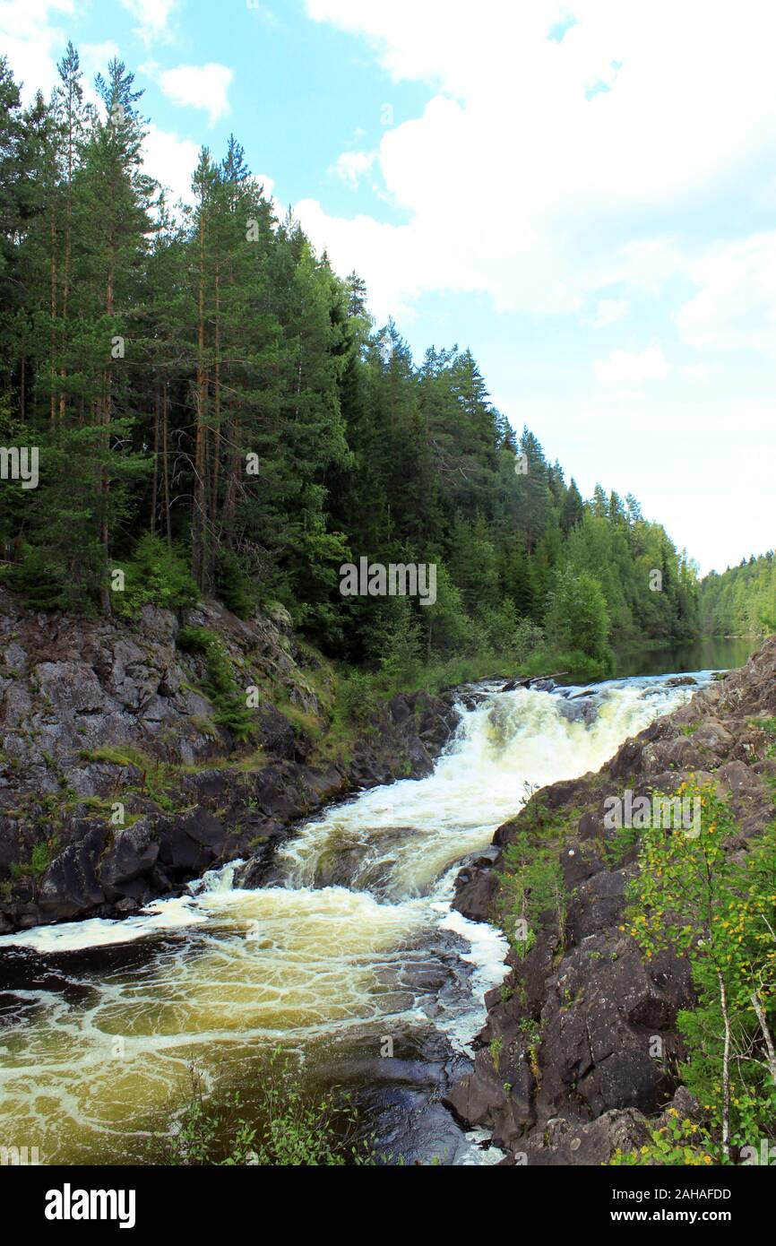 Kivach falls State Nature Reserve Wasserfall auf dem Fluss Suna, der Republik Karelien, Russland auf Natur russischen Norden sommer wald landschaft Hintergrund. Ein Stockfoto