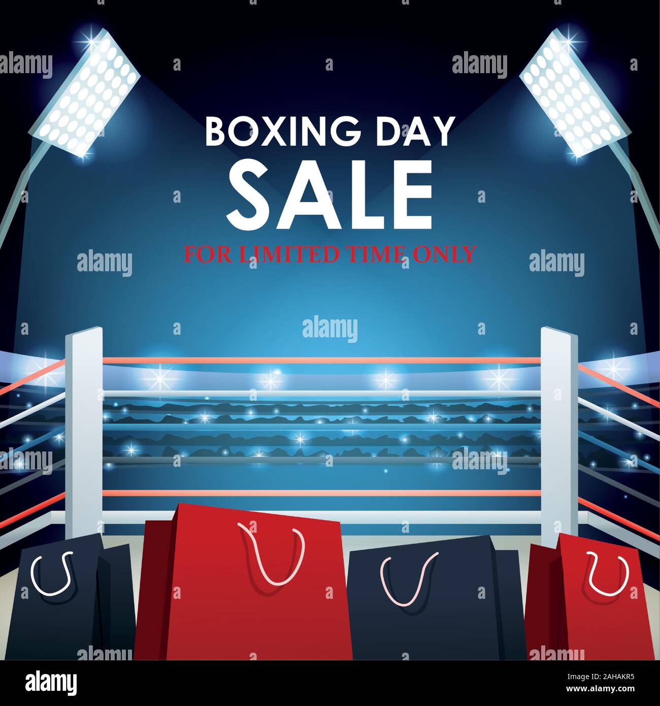 Boxing Day Dale farbenfrohes Design mit Tüten auf boxring Hintergrund, farbenfrohes Design Stock Vektor