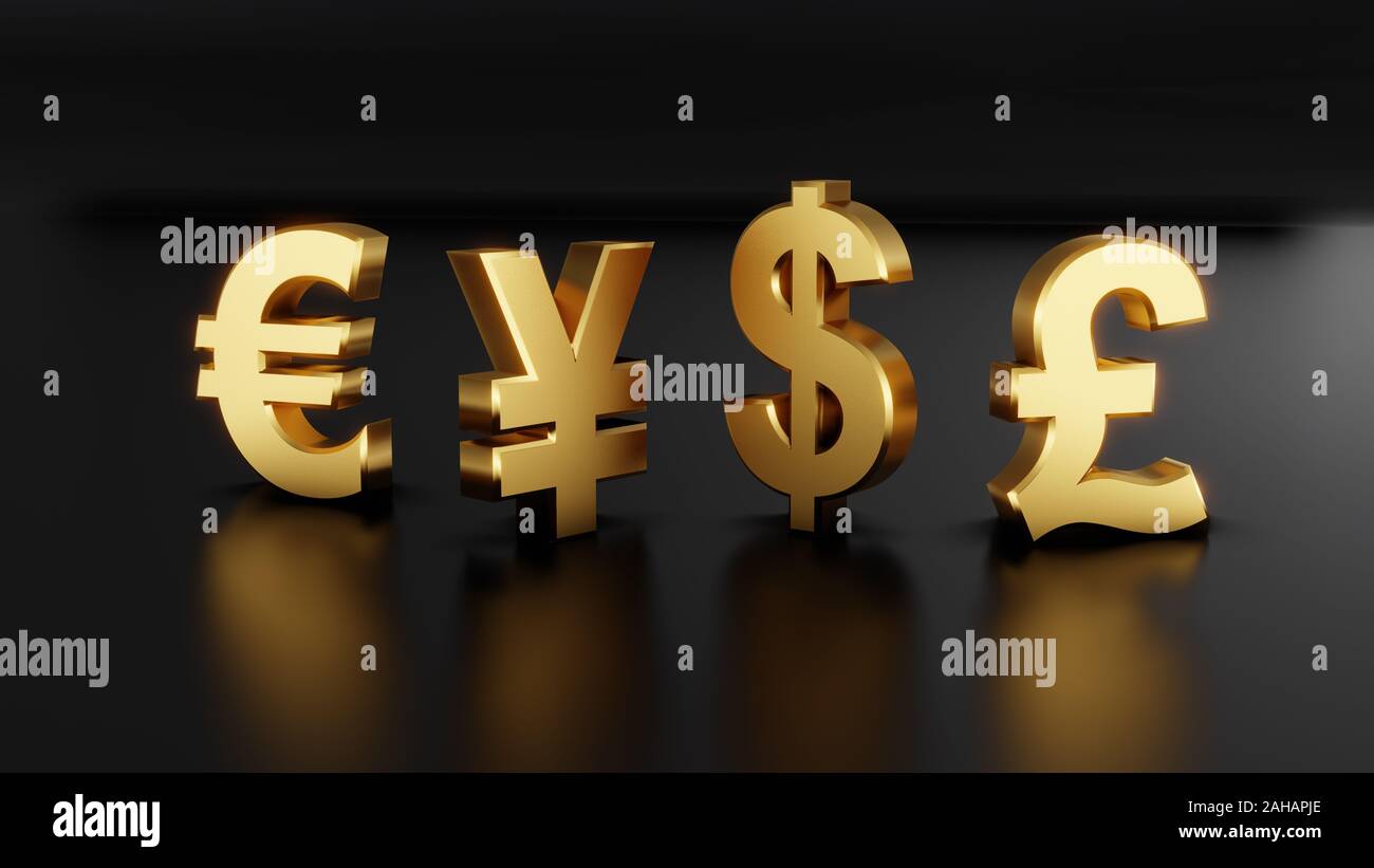 3D-Währung Symbole wie das Pfund, Yen, Dollar und Euro. Stockfoto