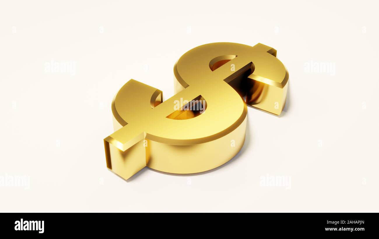 Goldene Farbe Dollarzeichen lag auf weißem Hintergrund isoliert. 3D-Rendering. Stockfoto