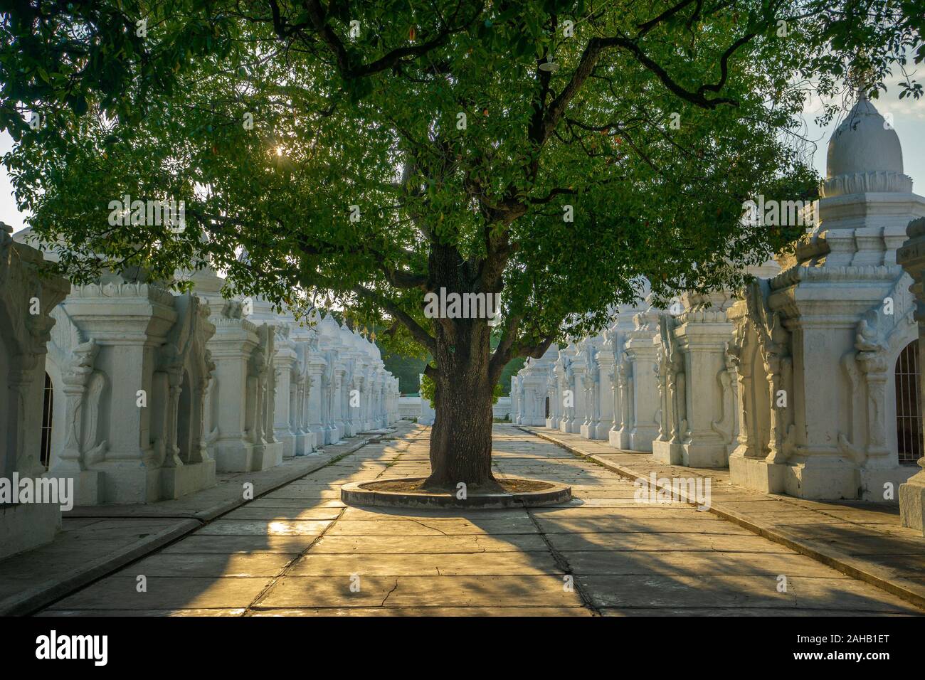 Schattigen Bäumen und dappled Licht in der Dämmerung an der Kuthodaw Pagode, eine buddhistische Stupa am Fuße des Mandalay Hill, die größte Buch der Welt, in Mandalay, Myanmar, früher Birma bekannt hält Stockfoto