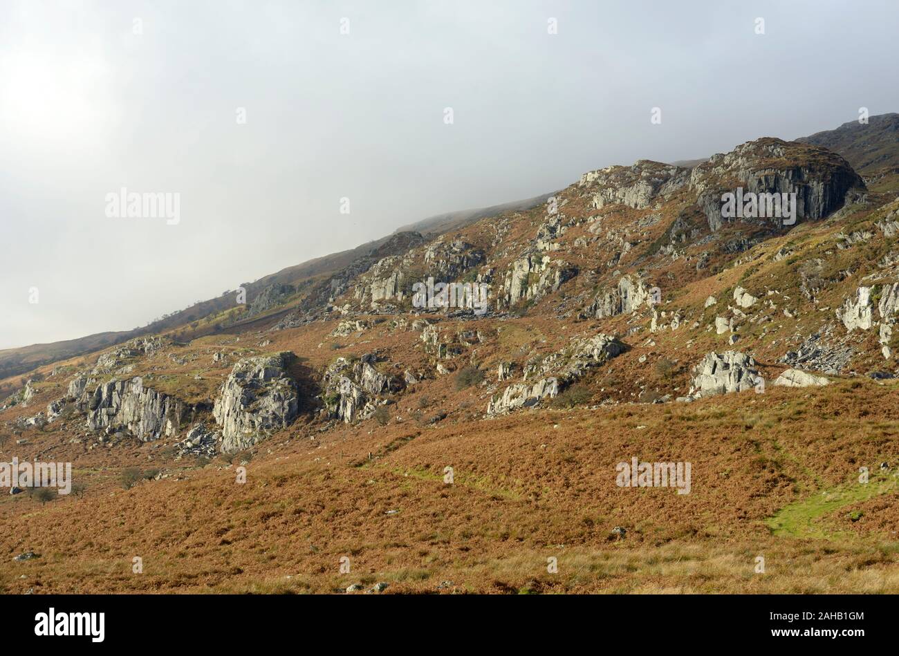 Felsvorsprung, in der Nähe von Capel Curig, Snowdonia, Wales. Stockfoto