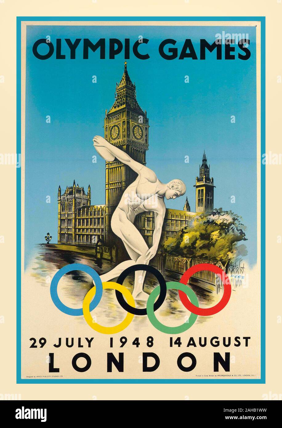 OLYMPISCHE SPIELE 1948 LONDON Lithografie Vintage Poster in Farbe, 1948, gedruckt von McCorquodale & Co. Ltd., London, Künstler und Designer Walter Herz Stockfoto