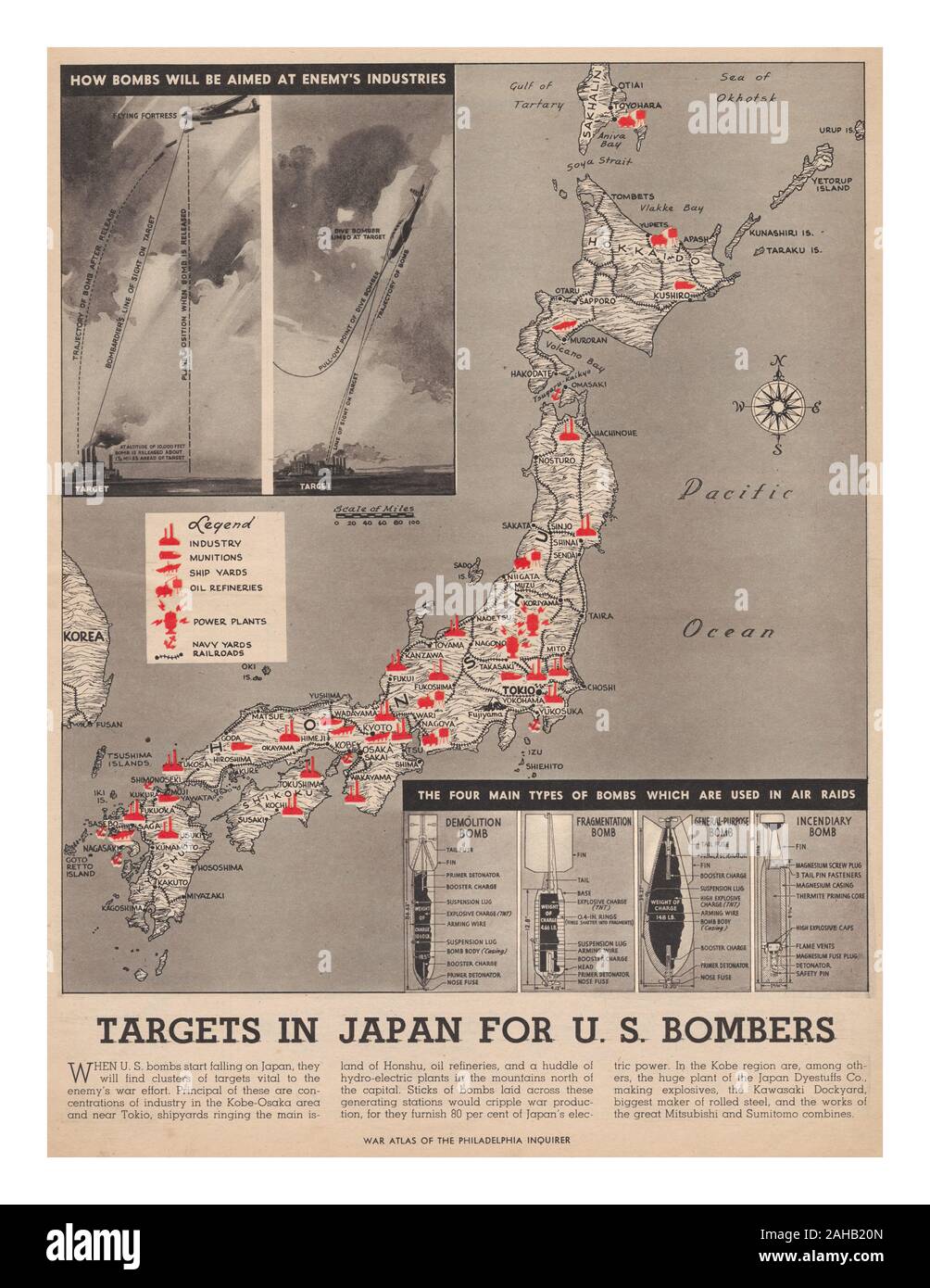 WW2 Japan Bombardierung 1940 Zeitung Propaganda drücken Sie Philadelphia Inquirer Seite "Ziele in Japan für US-Bomber' post Pearl Harbor amerikanische Reaktion in uns Presse Zeitung 1942 Stockfoto