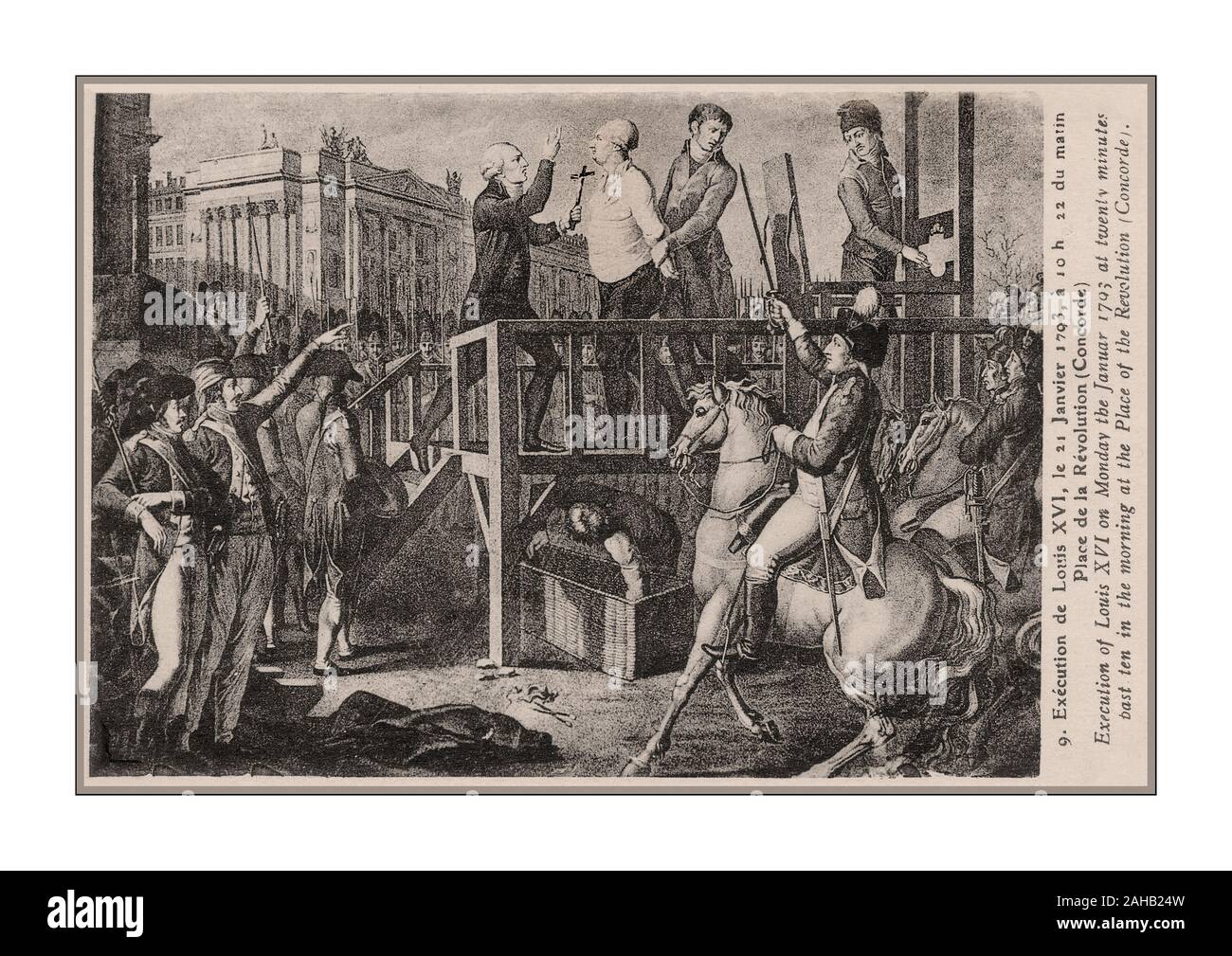 1793 Ausführung von Louis XVI Jahrgang Illustration, in Anwendung des Urteils des ehemaligen König von Frankreich und Navarra und der ehemalige König der Franzosen durch Tod durch die Abgeordneten der Nationalen Konvent enthauptet nach seinem Versuch, nahm den Januar 21, 1793 um 10:22 Uhr, in Paris, auf der Place de la Révolution (ehemalige Place Louis XV, die Place de la Concorde im Jahre 1795). Es ist ein großes Ereignis der Französischen Revolution, und generell von der Geschichte Frankreichs. Stockfoto