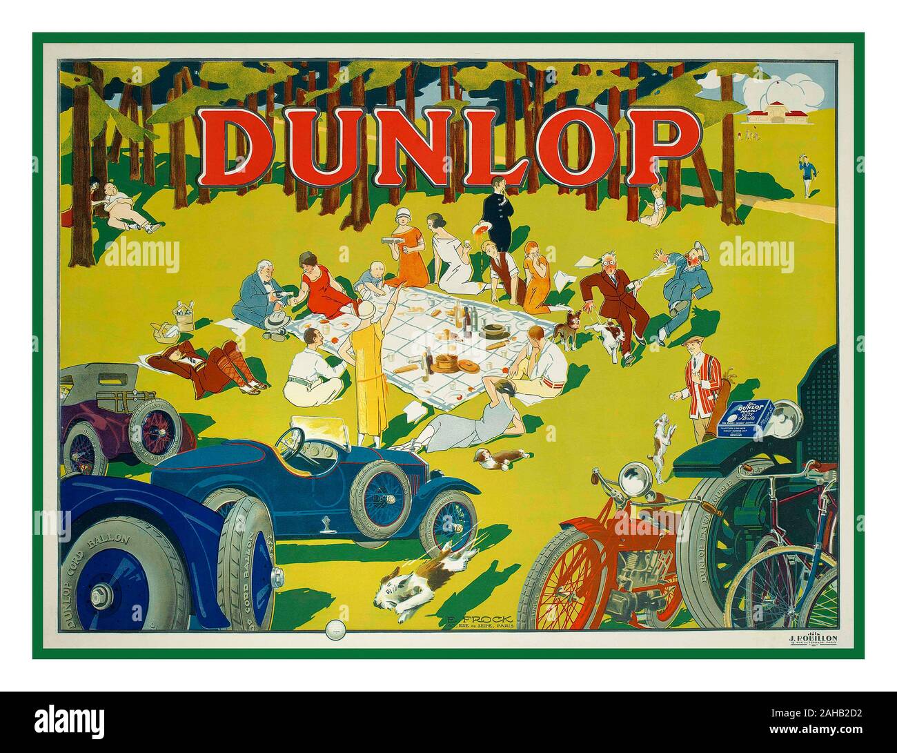 Jahrgang 1920, das Werbeplakat für Dunlop Reifen mit verschiedenen Fahrzeugen im Freien mit Rädern, die Teilnahme an einem Sommer Picknick, Kunst von E.Gehrock Lithographie in Farbe c 1928 Gedruckt von J. Robillon, Paris, Stockfoto