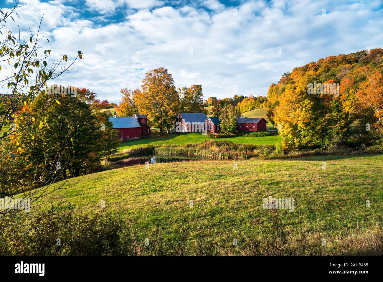 Landwirtschaftlichen Gebäuden in einer ländlichen Landschaft auf fallen. Schöne Herbstfarben. Stockfoto