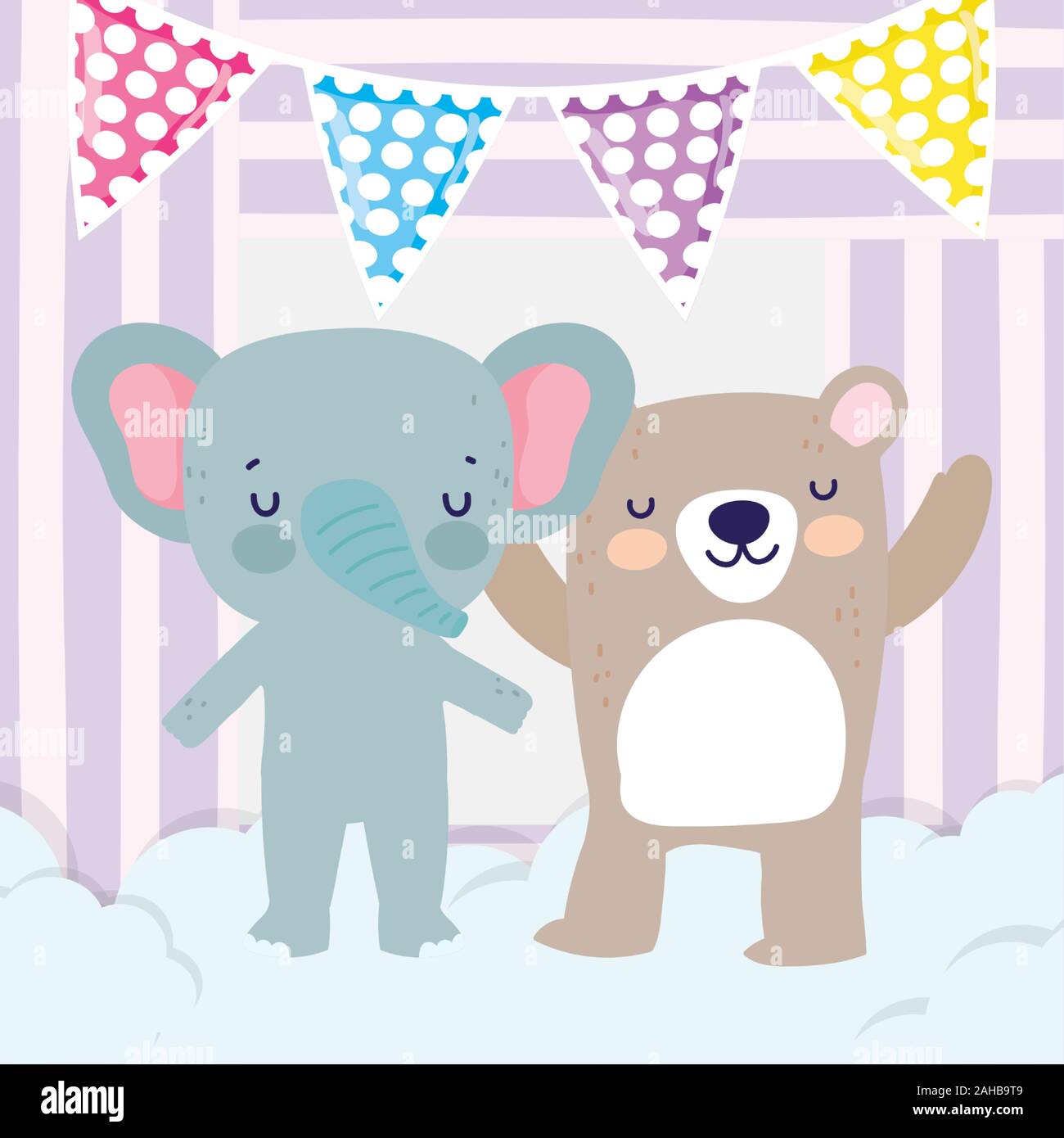 Baby-dusche niedliche Elefant und Bär mit Bunting flags cartoon Vector Illustration Stock Vektor