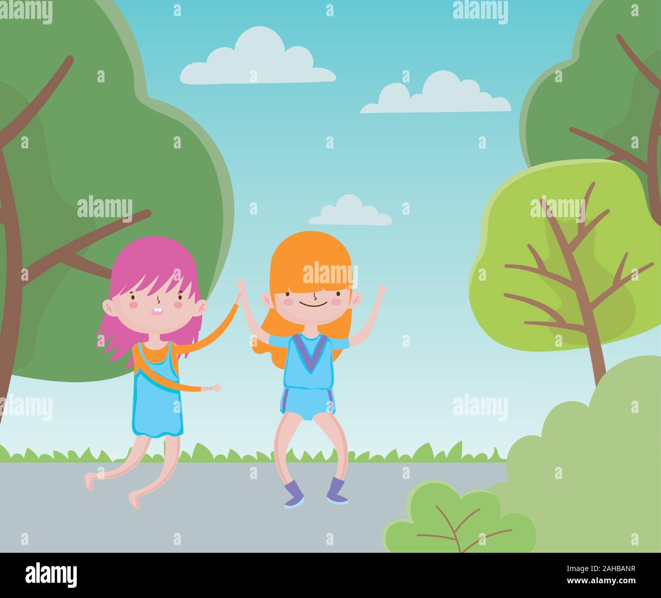 Happy Tag der Kinder kleine Mädchen in der Straße park Bäume Vector Illustration Stock Vektor