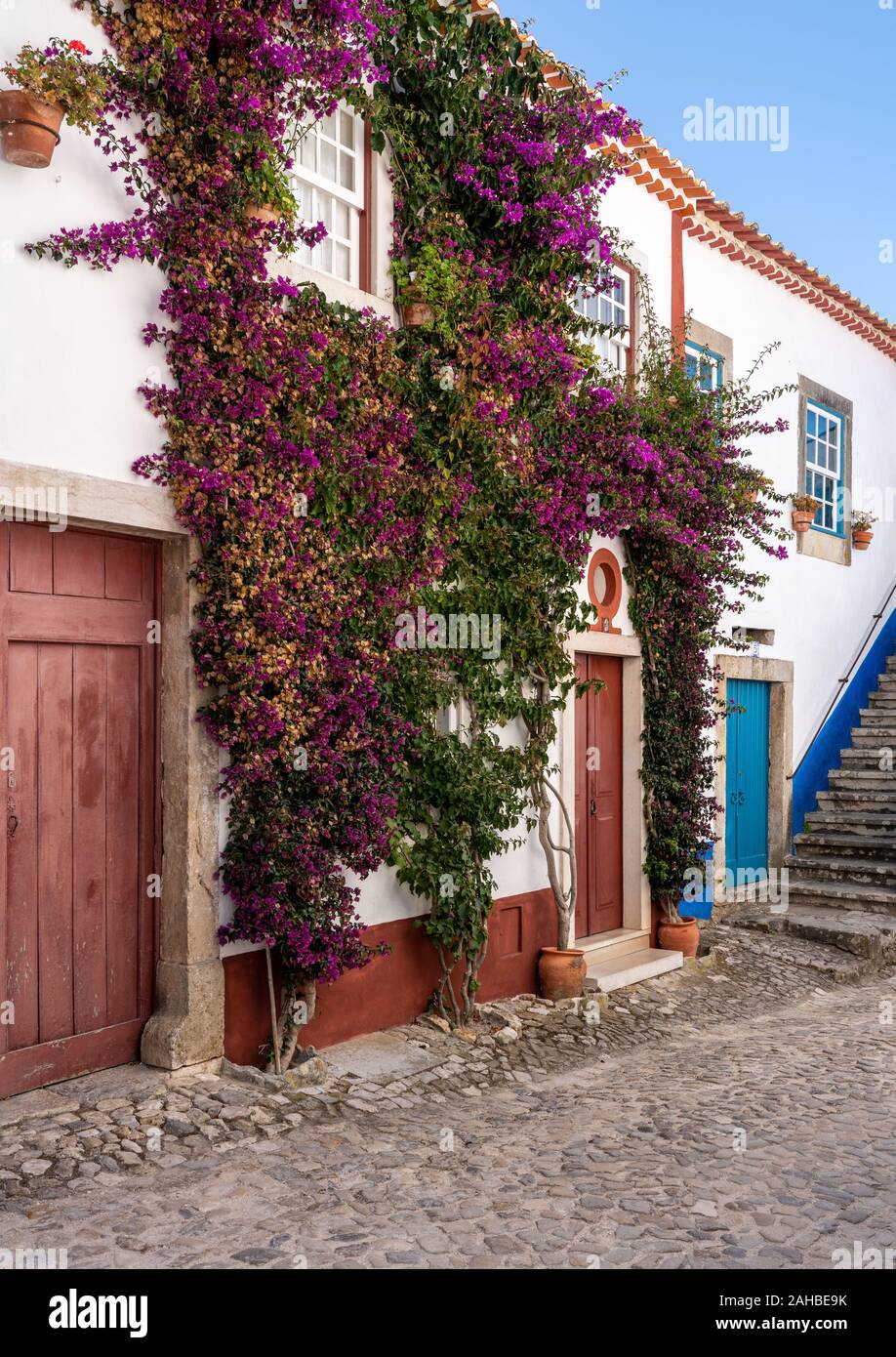 Steile Stufen mit Häusern in die mittelalterliche Festungsstadt Obidos in Portugal Stockfoto