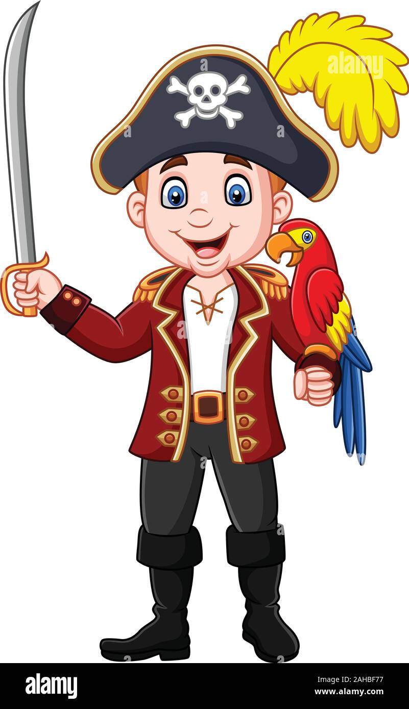 Cartoon pirate Captain holding Schwert mit Ara Vogel Stock Vektor