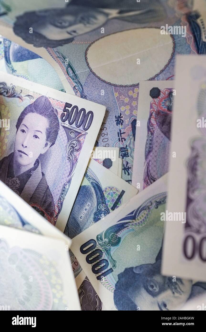 Nahaufnahme des japanischen Yen Banknoten. Der Yen ist die Währung aus Japan. Stockfoto