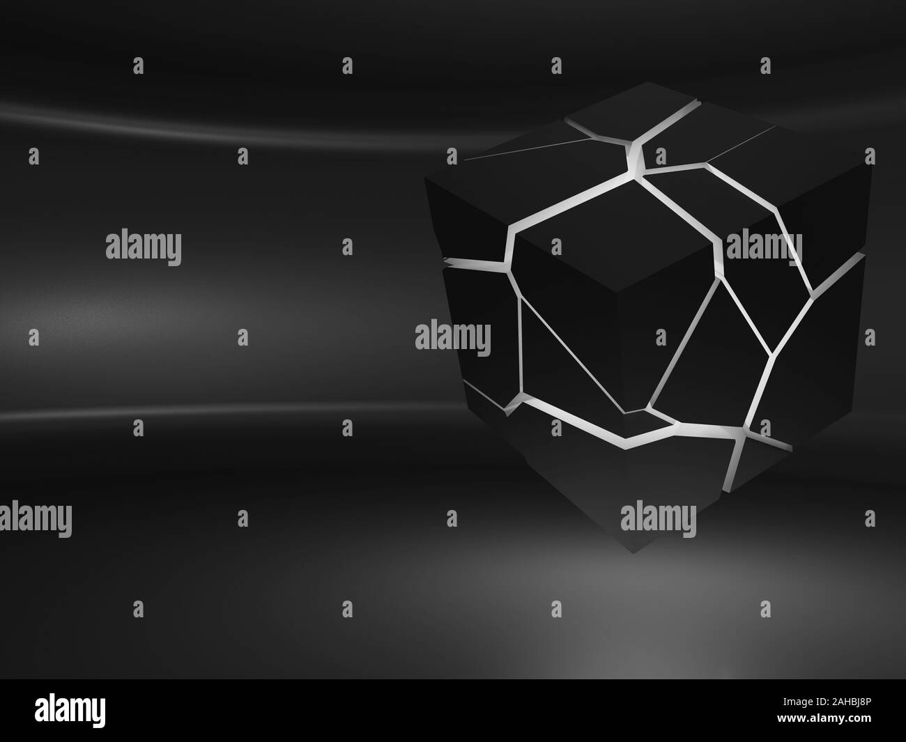 Flying Cube Objekt mit chaotischen Zersplitterung in eine leere schwarze Zimmer Innenraum, abstrakten 3D Rendering illustration Stockfoto