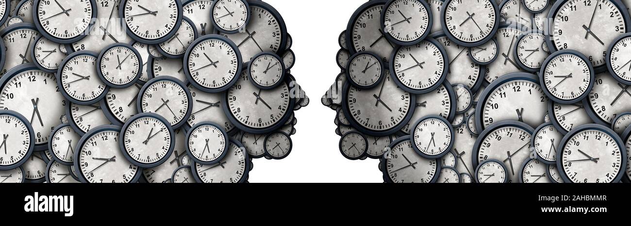 Konzept der Business Zeit treffen als eine Gruppe von Objekten als einem menschlichen Kopf als Arbeitsplatz Pünktlichkeit und Mitarbeiter termin Stress geprägt. Stockfoto