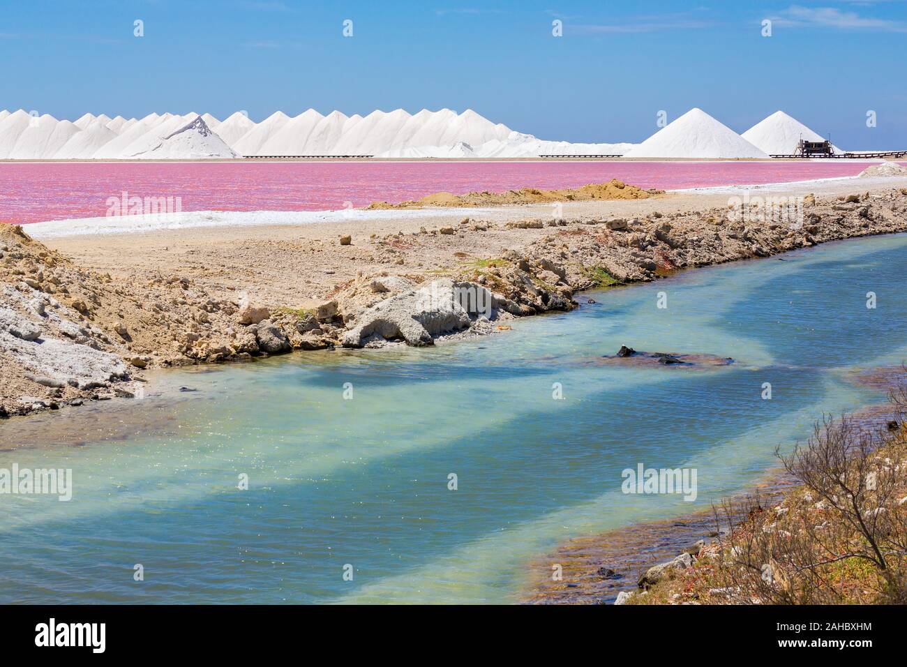 Landschaft mit rosa Salz See und Salz Bergen auf der Insel Bonaire Stockfoto