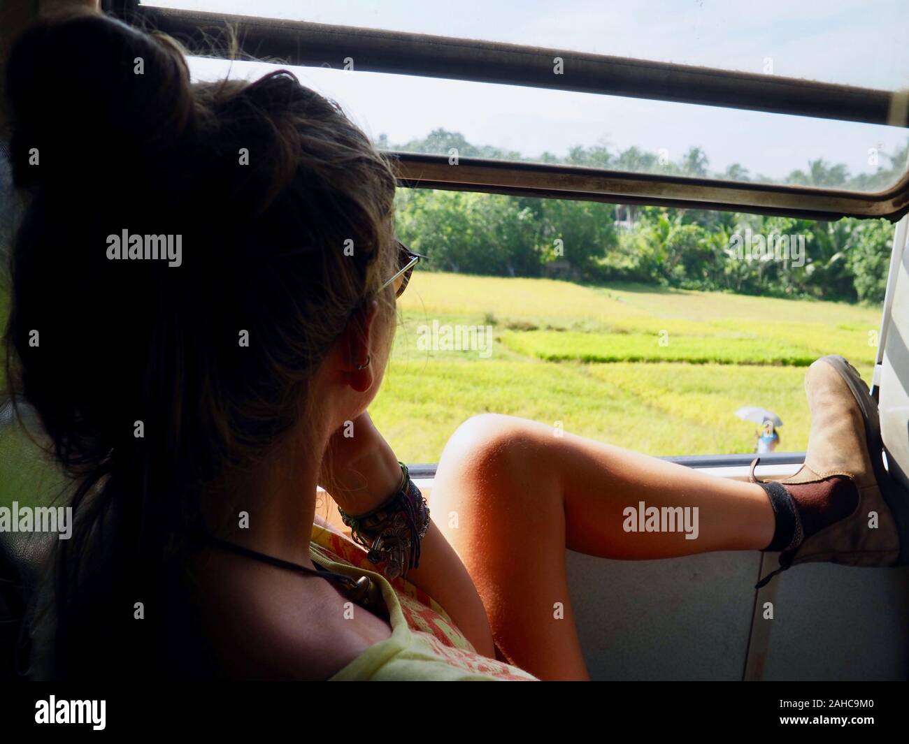 Mädchen im Zug von Sri Lanka. Landschaft. Schöne Aussicht Ella Sri Lanka. Stockfoto